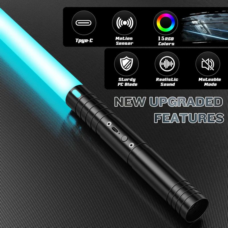 Mini Lightsaber 2 in 1 Dueling Lightsaber Alloy Handle Light Saber 15 RGB Colors with 4 Modes 6 Sound Effects USB Rechargeable Detachable Lightsaber for Kids Adults Ideal Birthday Children'S Day Halloween Christmas
