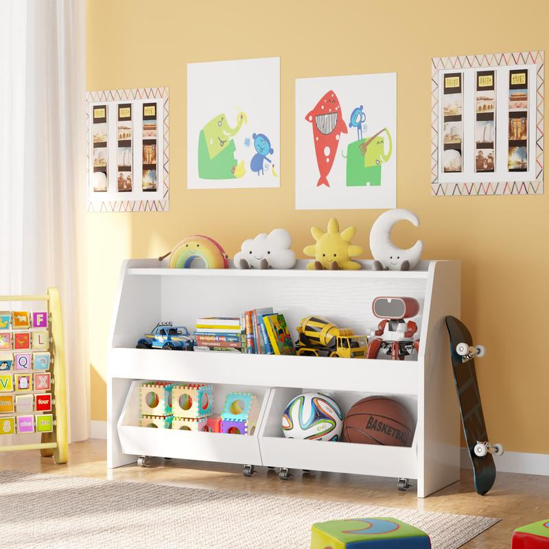 COZPAW 2 Tier White Toy Storage Organizer with Movable Drawers, Modern Design for Kids' Playrooms, Nursery, Kitchen & Bedrooms, Easy Mobility Racks Wheels Cabinet Kids