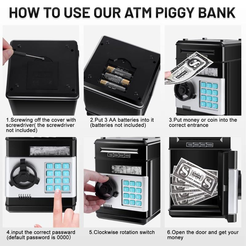 Password Piggy Bank Digital Electronic Money Bank Mini ATM Cash Coin Saving Can - Birthday Gifts for Kids - Black - Decor, Ornaments Decor