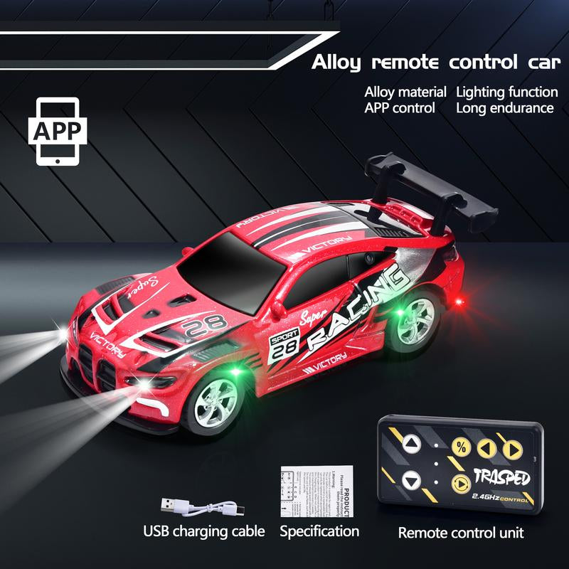 Hotfree 1/64 Mini RC Drift Car, Alloy M4 Racing Car with Trailer, 2.4Ghz Remote & APP Control, 3-Speed Modes, LED Lights, USB-C Charging, Indoor & Outdoor Toy, Birthday Christmas Gift for Kids & Adults Springtok