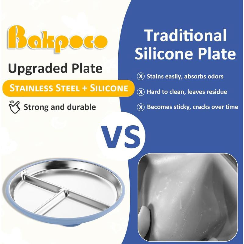 Stainless Steel Toddler Plate with Suction, 9” Divided Plates with Removable Silicone Sleeves for Kids, Non Toxic & BPA Free | Non Slip | Unbreakable Baby Snack Dishes Set of 2, Blue & Gray