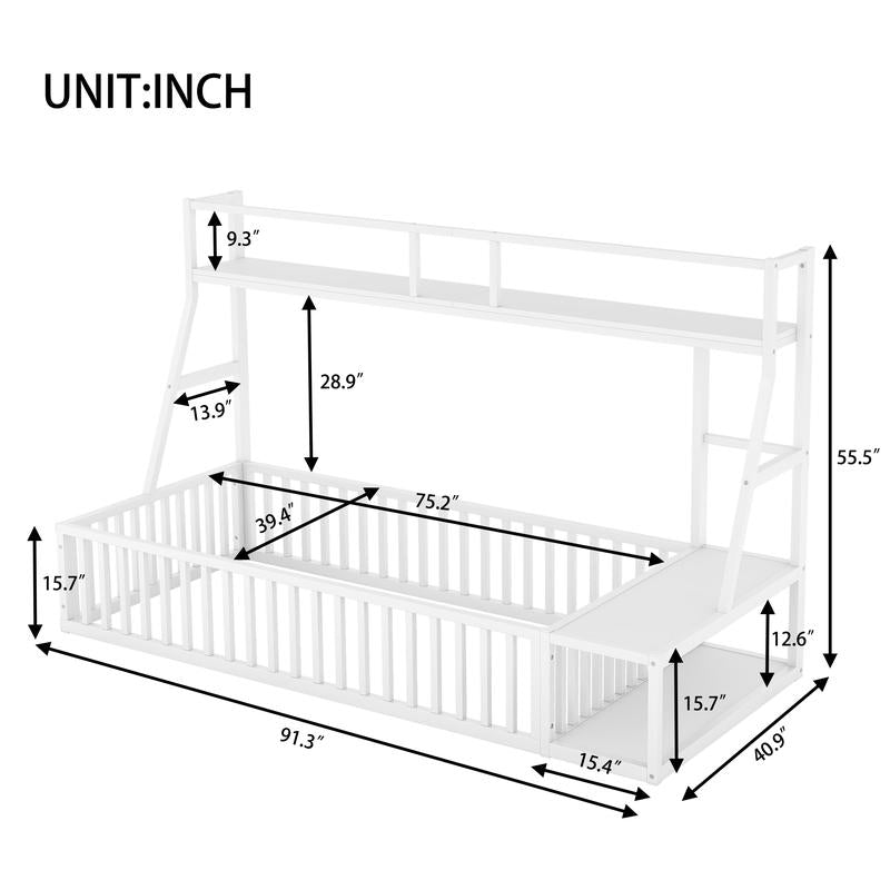 (Twin/Full) Size Floor Bed Frame with Safety Fence, Metal Floor Bed with Desk and Storage Shelves, (White/Black )