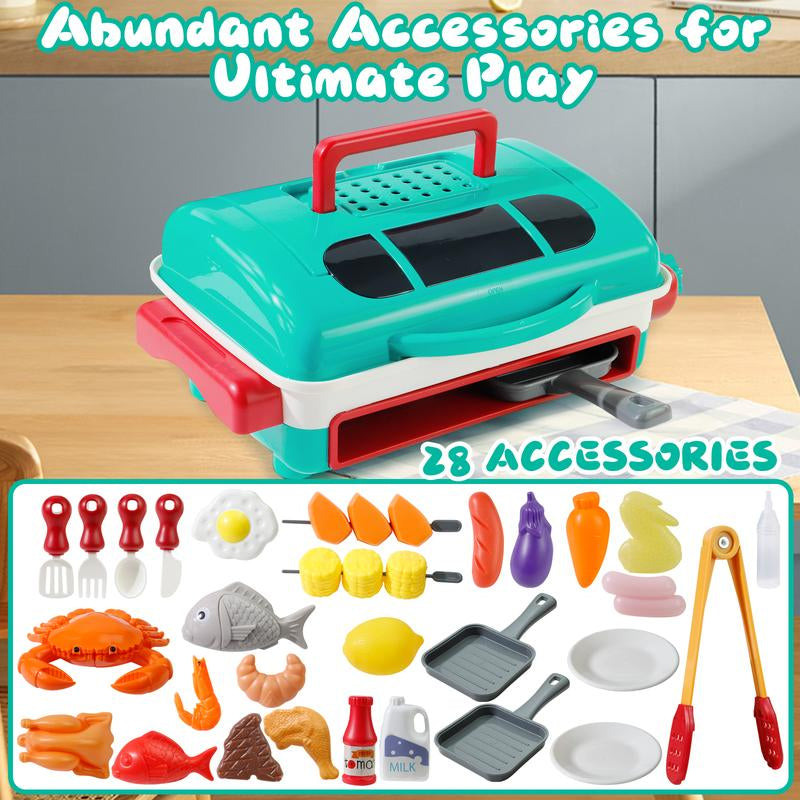 Kids BBQ Grill Toy Set with Smoke & Light, Interactive Barbecue Cooking Playset for Toddlers 3-5, Includes Hamburger, Sound Effects & Food Accessories
