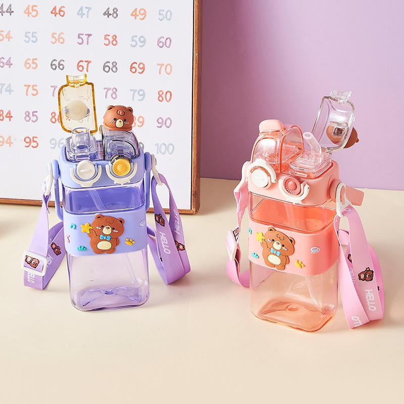 Cartoon Pattern Children'S Drinking Cup 1 Large Capacity Water Bottle Two Drinking Methods Home Office School Drinking Cup with Straw Lanyard Children'S Gift