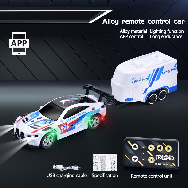Hotfree 1/64 Mini RC Drift Car, Alloy M4 Racing Car with Trailer, 2.4Ghz Remote & APP Control, 3-Speed Modes, LED Lights, USB-C Charging, Indoor & Outdoor Toy, Birthday Christmas Gift for Kids & Adults Springtok