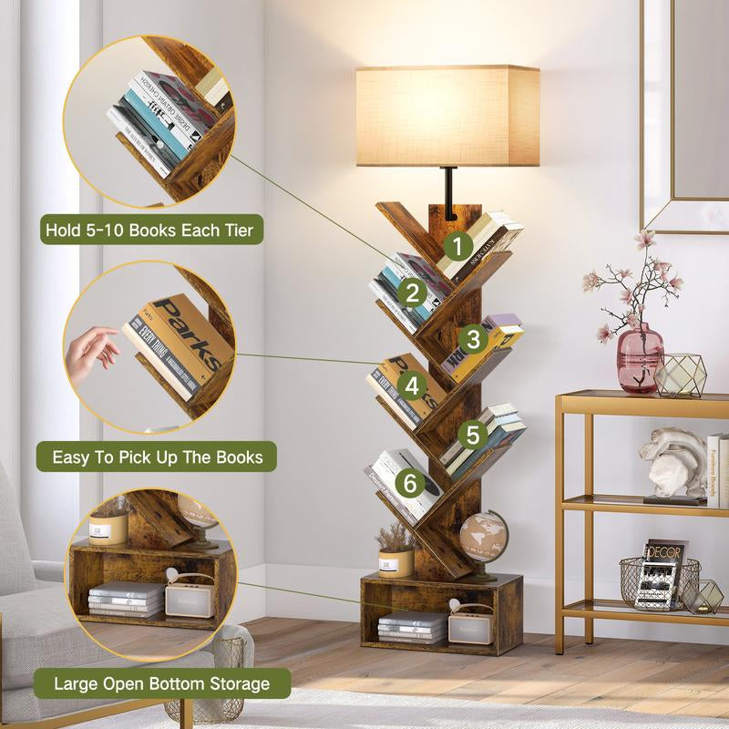 6 Tier Tree Bookshelf with Light & Remote,Narrow Bookcase Tower for Books/Cds/Movies, with Storage Cabinet for Living Room, Bedroom &Office Modern Design