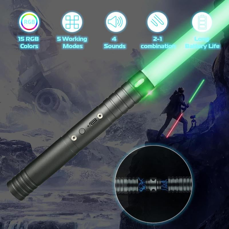 Mini Lightsaber 2 in 1 Dueling Lightsaber Alloy Handle Light Saber 15 RGB Colors with 4 Modes 6 Sound Effects USB Rechargeable Detachable Lightsaber for Kids Adults Ideal Birthday Children'S Day Halloween Christmas