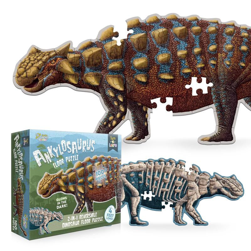 Ankylosaurus Dinosaur Jigsaw Puzzle | 100-Piece Double Sided Floor Puzzle with Glow-In-The-Dark Skeleton on Other Side | 4 FT Scientifically Accurate Dino Illustration | Educational Toy for Kids
