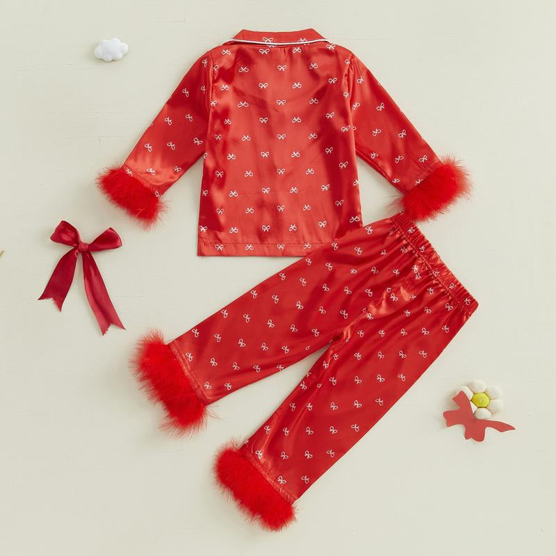 Girls 2PCS Pajama Sets Long Sleeve Lapel Push Cuff Bow Print Shirt Pants Sleepwear Toddler Baby Girl Boy Silk Satin Pajamas Set Button down Pjs Kids Long Sleeve Shirt Pants Pjs