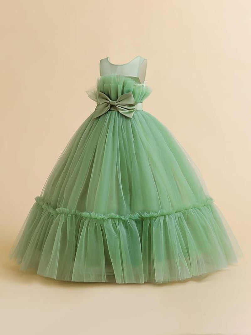 Girl'S Bow Front Sheer Ruffle Hem Fit and Flare Dress, Elegant Sleeveless round Neck Maxi Dress for Party Wedding Guest, Kids Clothes for All Seasons