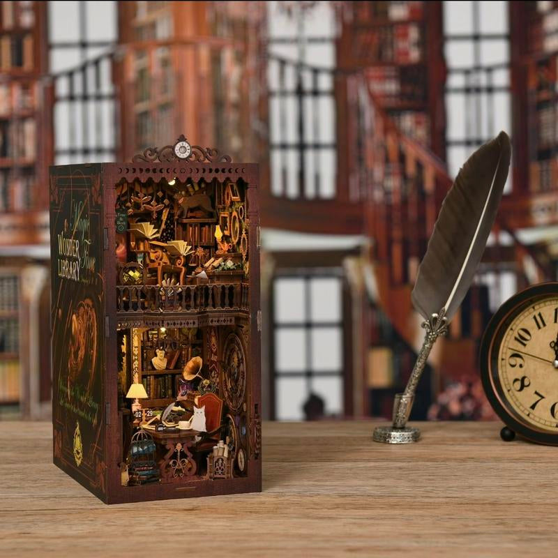 DIY Wooden Miracle Library Book Corner Kit, 1 Miniature Glowing Dollhouse Puzzle, Creative Gift Weix for Friends & Family, Glue & Electric Dust Cover Included ... Wooden Book Nook Kit Woodwork