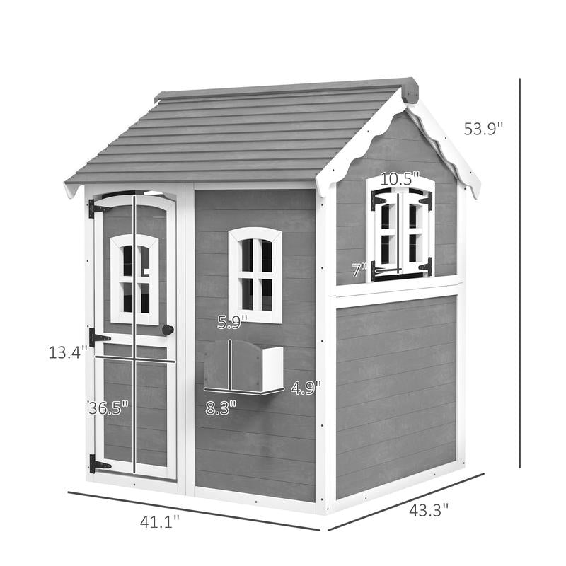 Outsunny Playhouse for Kids Outdoor, Country Style Wooden Playhouse with Flower Pot Holders, Working Door, Windows, Service Stations for 3-7 Years