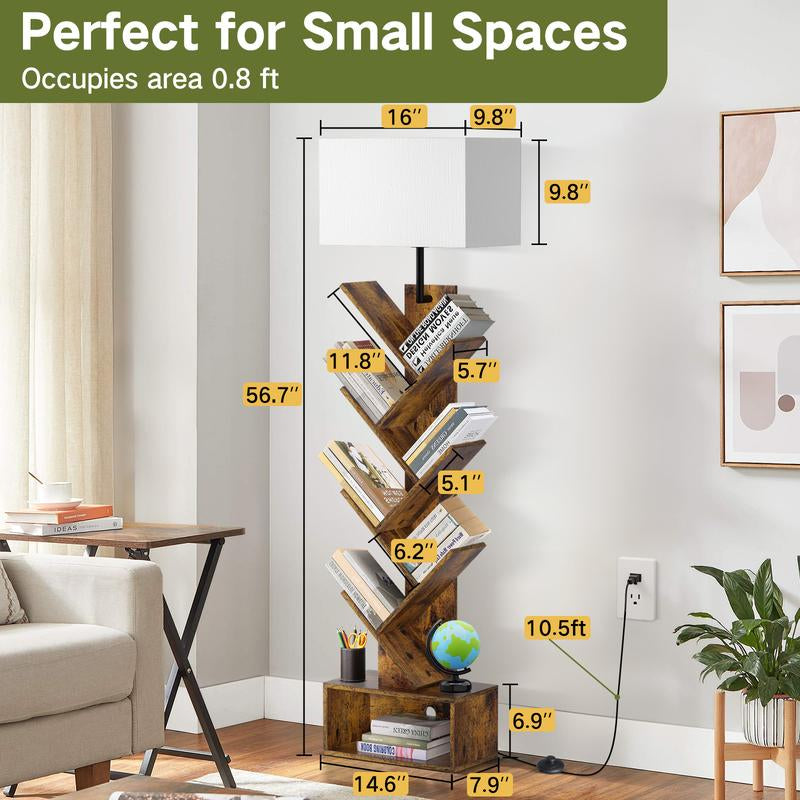 6 Tier Tree Bookshelf with Light & Remote,Narrow Bookcase Tower for Books/Cds/Movies, with Storage Cabinet for Living Room, Bedroom &Office Modern Design