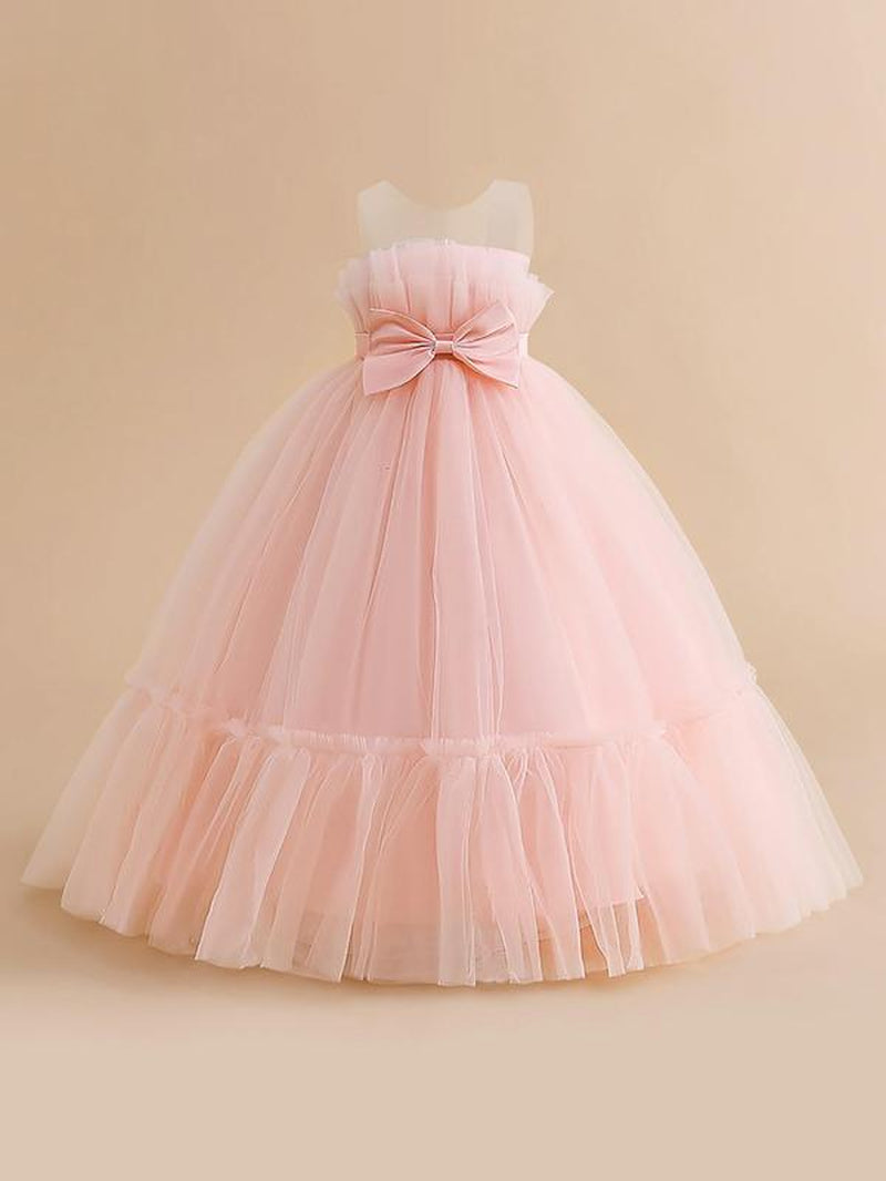 Girl'S Bow Front Sheer Ruffle Hem Fit and Flare Dress, Elegant Sleeveless round Neck Maxi Dress for Party Wedding Guest, Kids Clothes for All Seasons