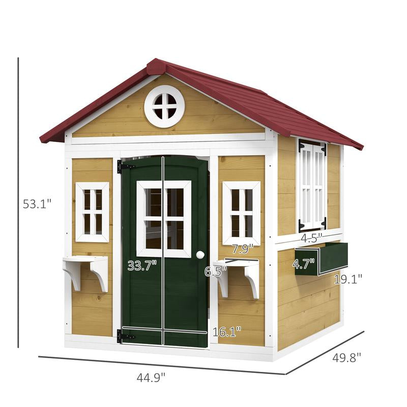 Outsunny Playhouse for Kids Outdoor, Country Style Wooden Playhouse with Flower Pot Holders, Working Door, Windows, Service Stations for 3-7 Years