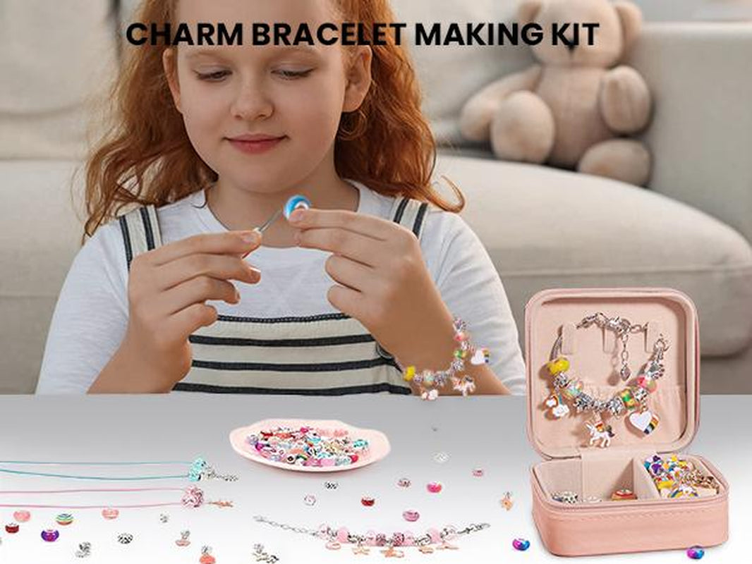 Charm Bracelet Making Kit Girls Beads for Jewelry Making Kit, Unicorns Arts Crafts Gifts Set for Teen Girls Age 5 6 7 8-12, with a Portable Bracelet Organizer Box