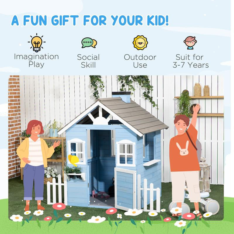 Outsunny Playhouse for Kids Outdoor, Country Style Wooden Playhouse with Flower Pot Holders, Working Door, Windows, Service Stations for 3-7 Years
