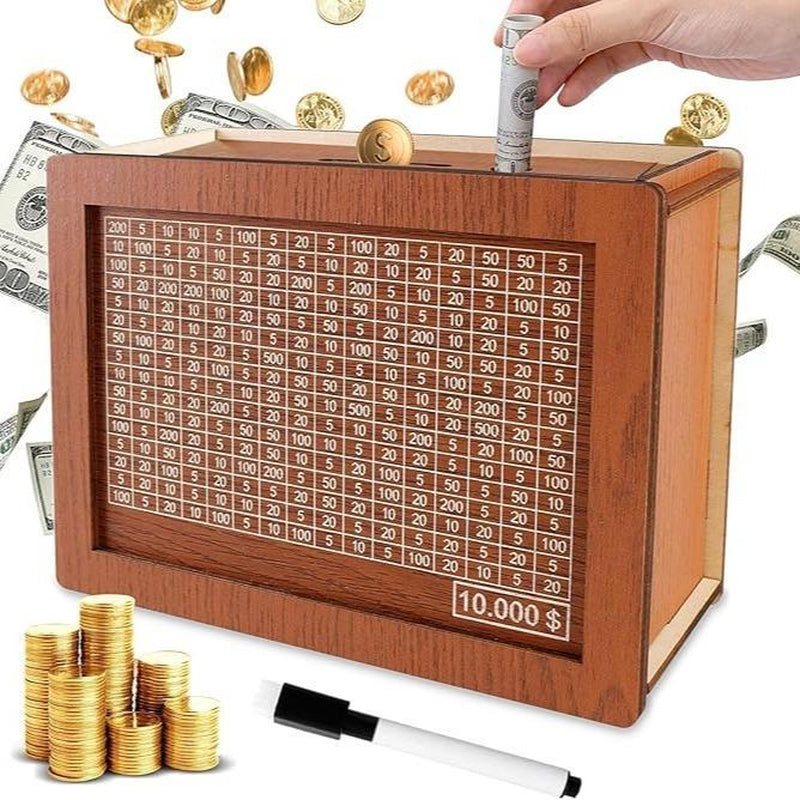 Wooden Cash Saver Money Box, Cash Vault Wooden Savings Box with Counter, Money Target, and Numbers, Perfect for $10,000/$2000 Savings Goal, Halloween, and Christmas Gifts.