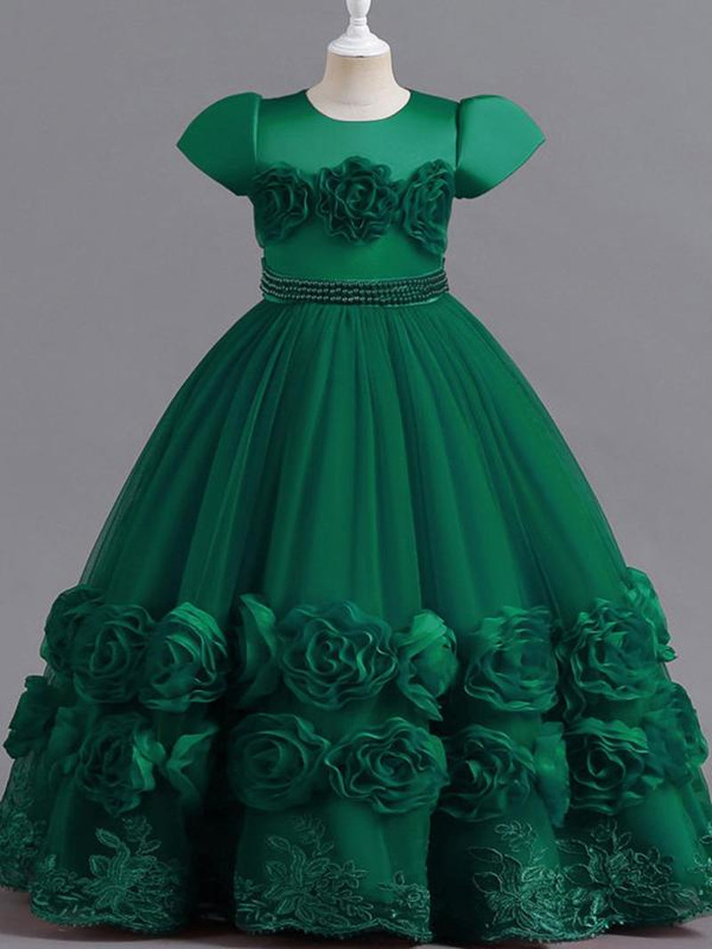 Girl'S Floral Appliques Faux Pearls Decor Bow Decor Tulle Dress, Elegant Short Sleeve round Neck a Line Dress for Party Evening, Kids Clothes for All Seasons