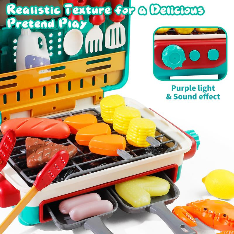 Kids BBQ Grill Toy Set with Smoke & Light, Interactive Barbecue Cooking Playset for Toddlers 3-5, Includes Hamburger, Sound Effects & Food Accessories