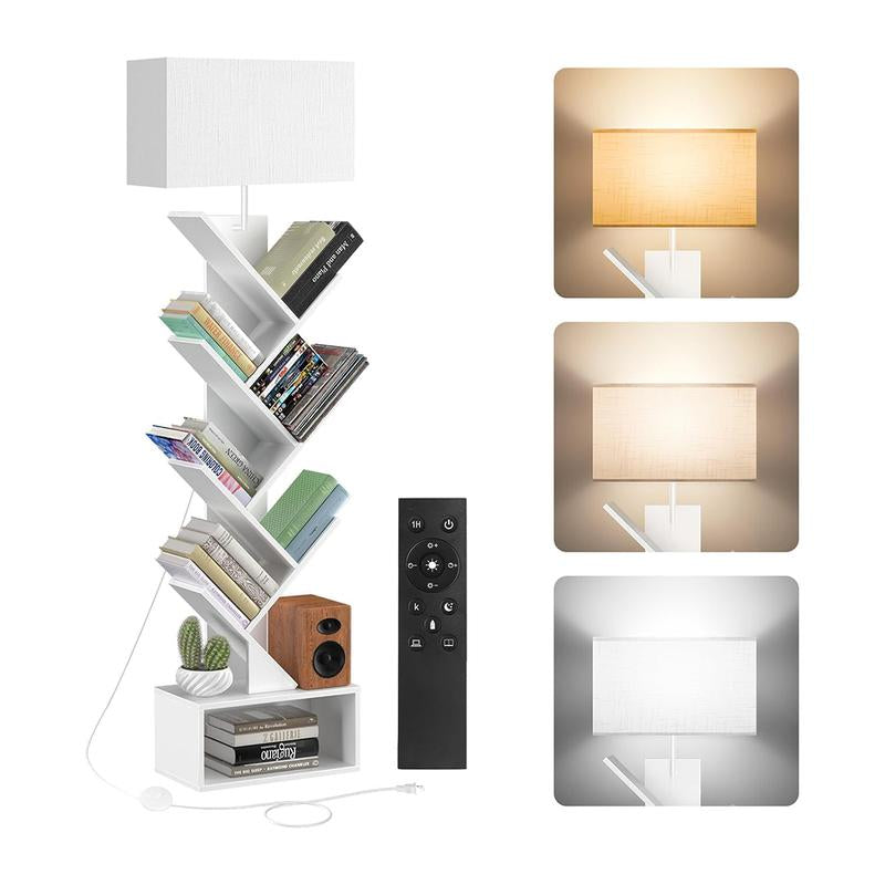 6 Tier Tree Bookshelf with Light & Remote,Narrow Bookcase Tower for Books/Cds/Movies, with Storage Cabinet for Living Room, Bedroom &Office Modern Design