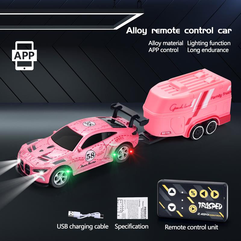 Hotfree 1/64 Mini RC Drift Car, Alloy M4 Racing Car with Trailer, 2.4Ghz Remote & APP Control, 3-Speed Modes, LED Lights, USB-C Charging, Indoor & Outdoor Toy, Birthday Christmas Gift for Kids & Adults Springtok