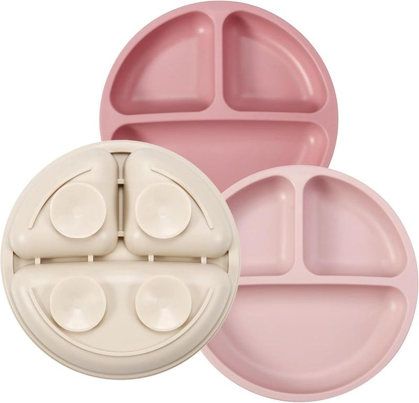 3 Pack Toddler Plates, Silicone Divided Suction Plate, Bpa-Free 100% Food-Grade Silicone Unbreakable Plate (Pink/Linen/Light Pink)