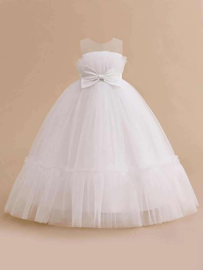 Girl'S Bow Front Sheer Ruffle Hem Fit and Flare Dress, Elegant Sleeveless round Neck Maxi Dress for Party Wedding Guest, Kids Clothes for All Seasons