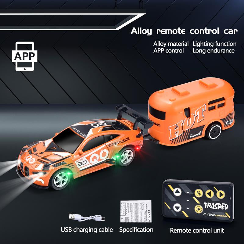 Hotfree 1/64 Mini RC Drift Car, Alloy M4 Racing Car with Trailer, 2.4Ghz Remote & APP Control, 3-Speed Modes, LED Lights, USB-C Charging, Indoor & Outdoor Toy, Birthday Christmas Gift for Kids & Adults Springtok