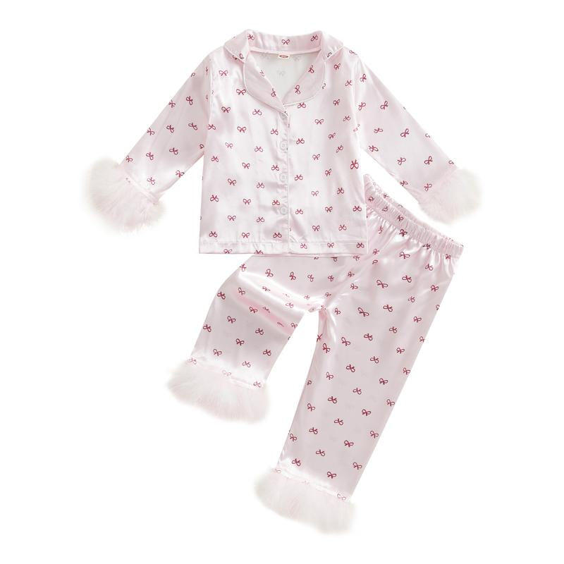 Girls 2PCS Pajama Sets Long Sleeve Lapel Push Cuff Bow Print Shirt Pants Sleepwear Toddler Baby Girl Boy Silk Satin Pajamas Set Button down Pjs Kids Long Sleeve Shirt Pants Pjs