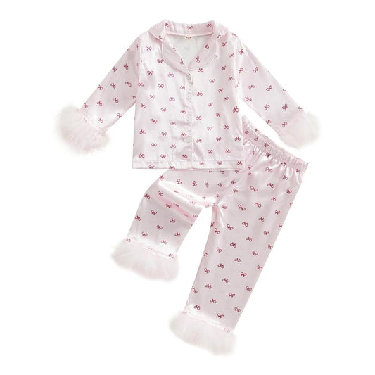Girls 2PCS Pajama Sets Long Sleeve Lapel Push Cuff Bow Print Shirt Pants Sleepwear Toddler Baby Girl Boy Silk Satin Pajamas Set Button down Pjs Kids Long Sleeve Shirt Pants Pjs