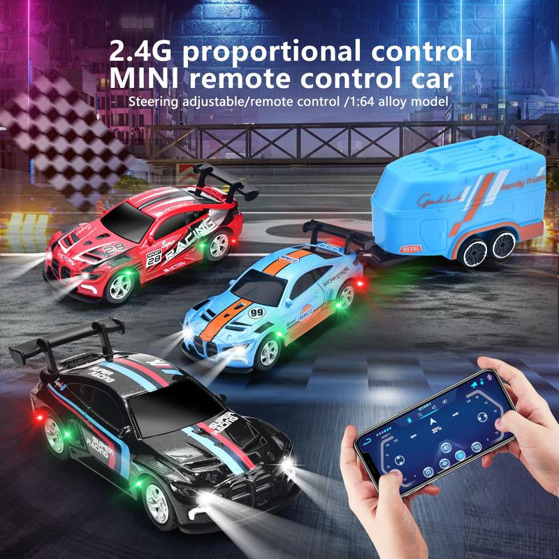 Hotfree 1/64 Mini RC Drift Car, Alloy M4 Racing Car with Trailer, 2.4Ghz Remote & APP Control, 3-Speed Modes, LED Lights, USB-C Charging, Indoor & Outdoor Toy, Birthday Christmas Gift for Kids & Adults Springtok