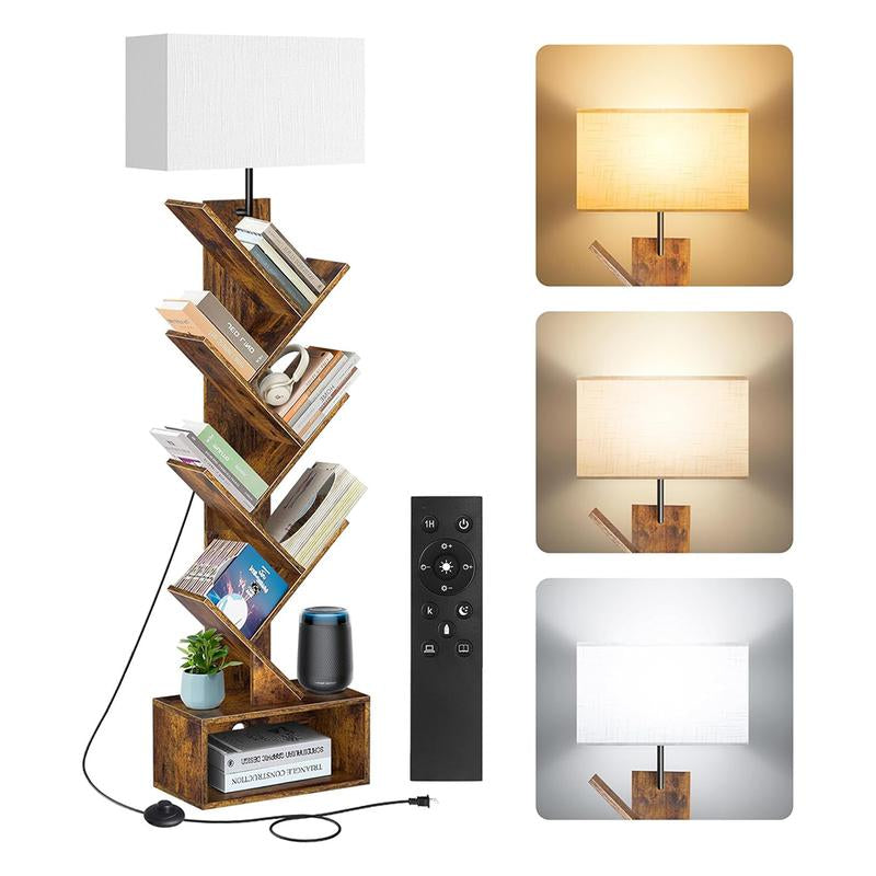 6 Tier Tree Bookshelf with Light & Remote,Narrow Bookcase Tower for Books/Cds/Movies, with Storage Cabinet for Living Room, Bedroom &Office Modern Design