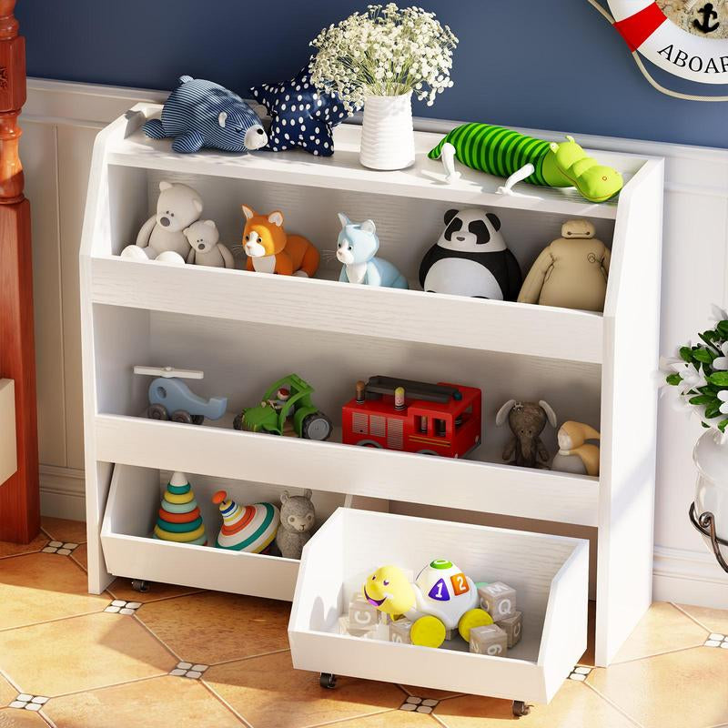 COZPAW 2 Tier White Toy Storage Organizer with Movable Drawers, Modern Design for Kids' Playrooms, Nursery, Kitchen & Bedrooms, Easy Mobility Racks Wheels Cabinet Kids