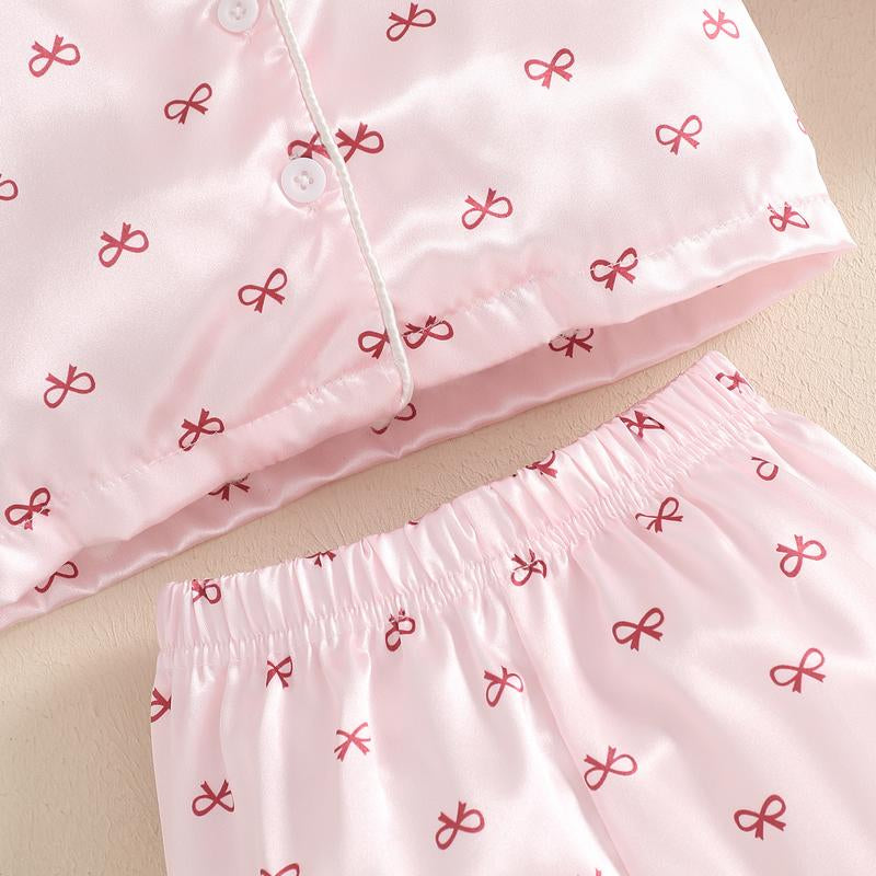 Girls 2PCS Pajama Sets Long Sleeve Lapel Push Cuff Bow Print Shirt Pants Sleepwear Toddler Baby Girl Boy Silk Satin Pajamas Set Button down Pjs Kids Long Sleeve Shirt Pants Pjs