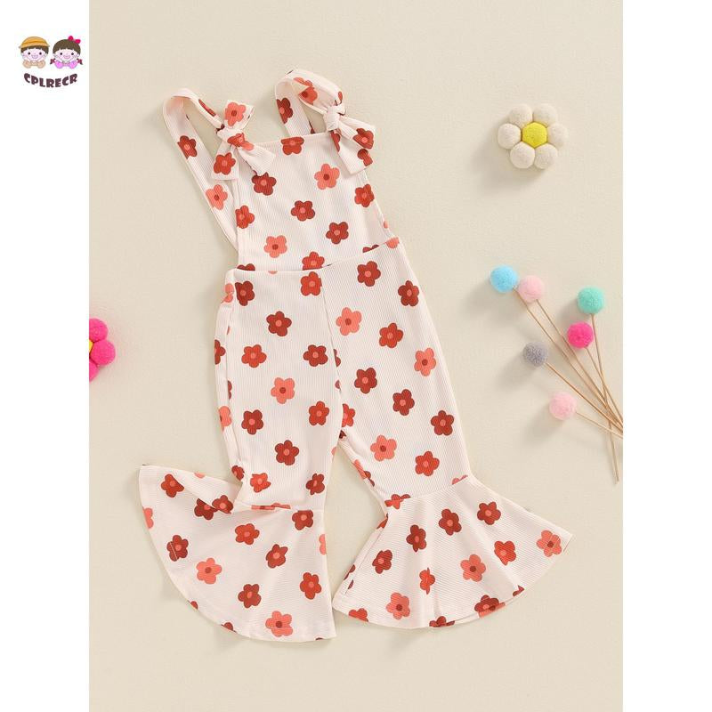 Toddler Floral Flare Leg Jumpsuit Baby Girl Bell Bottom Romper Strawberry Suspender Overall Kids Sleeveless Playsuit