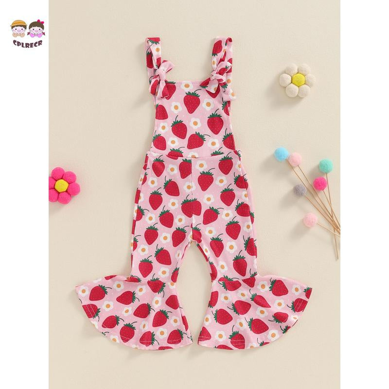 Toddler Floral Flare Leg Jumpsuit Baby Girl Bell Bottom Romper Strawberry Suspender Overall Kids Sleeveless Playsuit