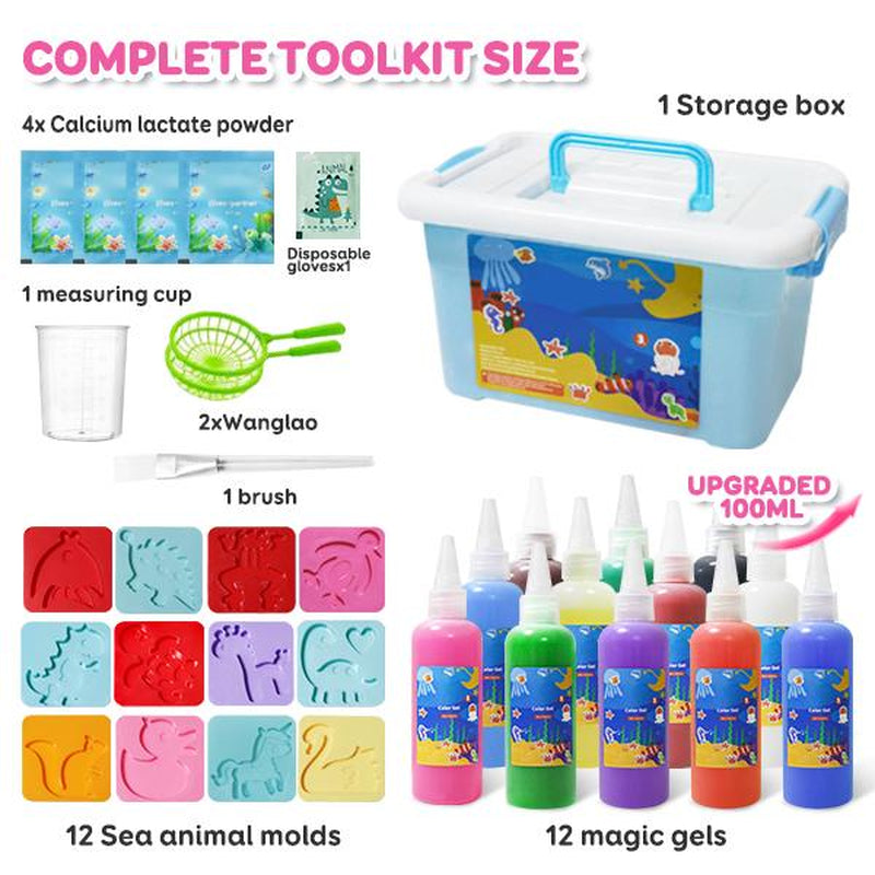 Water Gel Kit Gifts Magic Toys for Kids:12 Colors 100Ml Water Gel with Pearlized & Luminous Magic Paint Gel,Handmade DIY Creative Water Art Set with 12 Shape 3D Molds for Kid Birthday Party Easter Gift