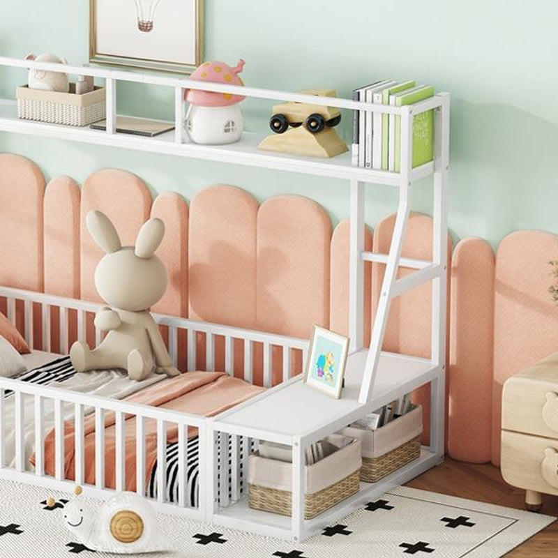 (Twin/Full) Size Floor Bed Frame with Safety Fence, Metal Floor Bed with Desk and Storage Shelves, (White/Black )