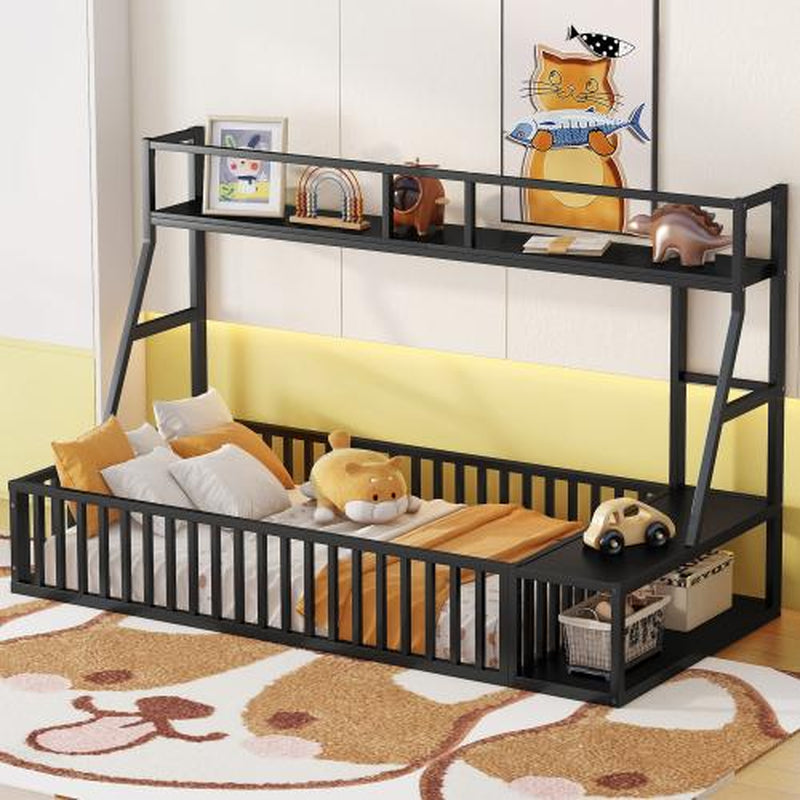 (Twin/Full) Size Floor Bed Frame with Safety Fence, Metal Floor Bed with Desk and Storage Shelves, (White/Black )