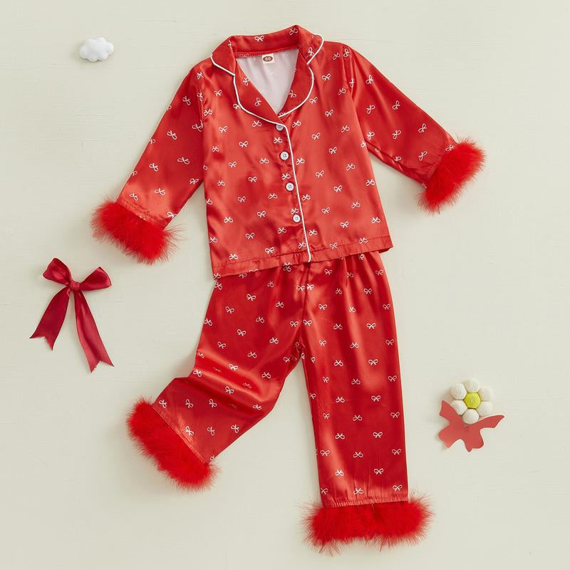 Girls 2PCS Pajama Sets Long Sleeve Lapel Push Cuff Bow Print Shirt Pants Sleepwear Toddler Baby Girl Boy Silk Satin Pajamas Set Button down Pjs Kids Long Sleeve Shirt Pants Pjs