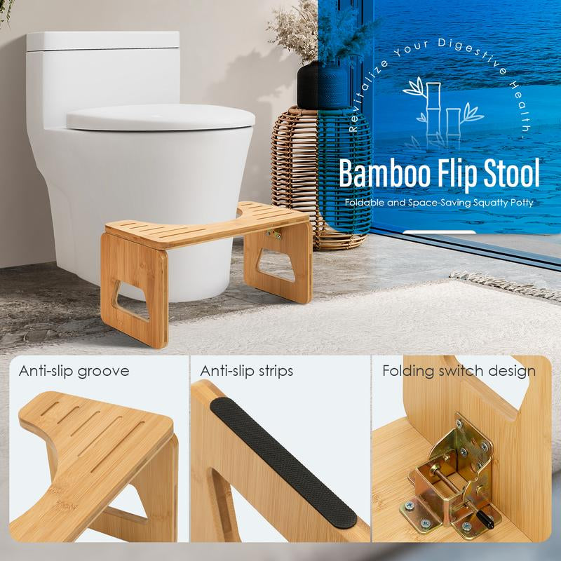 Toilet Stool Squat - Foldable Poop Stool for Bathroom (Adult & Kids) - 8 Inches Bamboo Flip Stool with Anti-Slip Layer - Improve Bathroom Posture and Comfort (Natural Color) Lightweight Seat