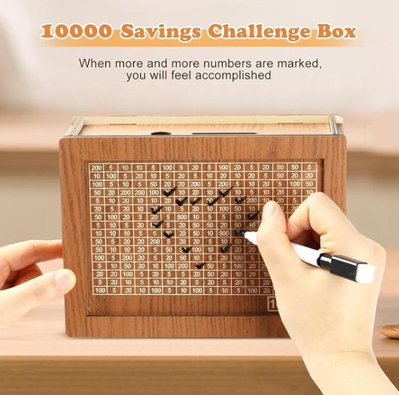 Wooden Cash Saver Money Box, Cash Vault Wooden Savings Box with Counter, Money Target, and Numbers, Perfect for $10,000/$2000 Savings Goal, Halloween, and Christmas Gifts.