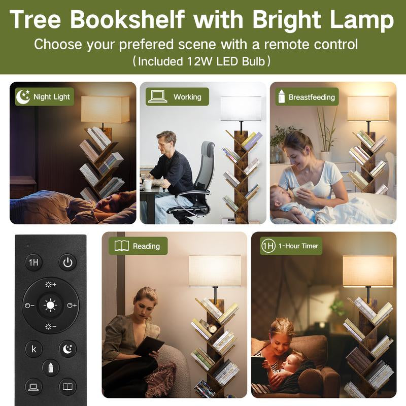 6 Tier Tree Bookshelf with Light & Remote,Narrow Bookcase Tower for Books/Cds/Movies, with Storage Cabinet for Living Room, Bedroom &Office Modern Design