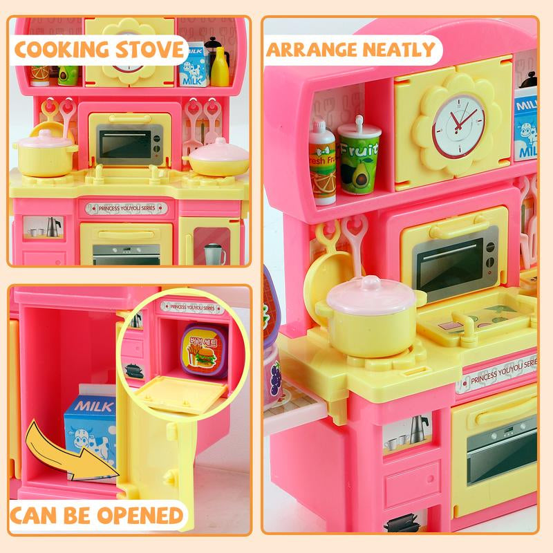 Mini Kitchen Playset Toy for Kids Girls Play Kitchen Set Toddler Pretend Kitchen with Cooking Stove, Play Sink, Play Food
