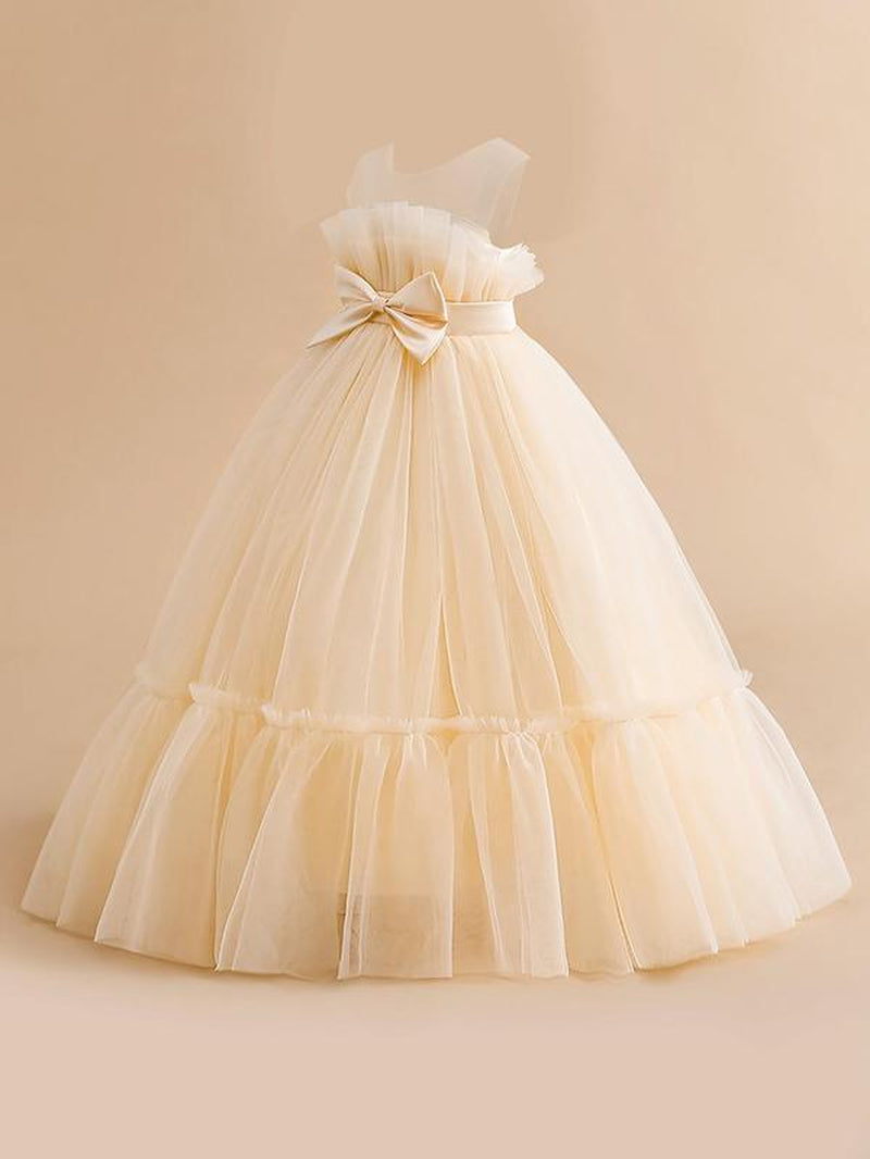 Girl'S Bow Front Sheer Ruffle Hem Fit and Flare Dress, Elegant Sleeveless round Neck Maxi Dress for Party Wedding Guest, Kids Clothes for All Seasons