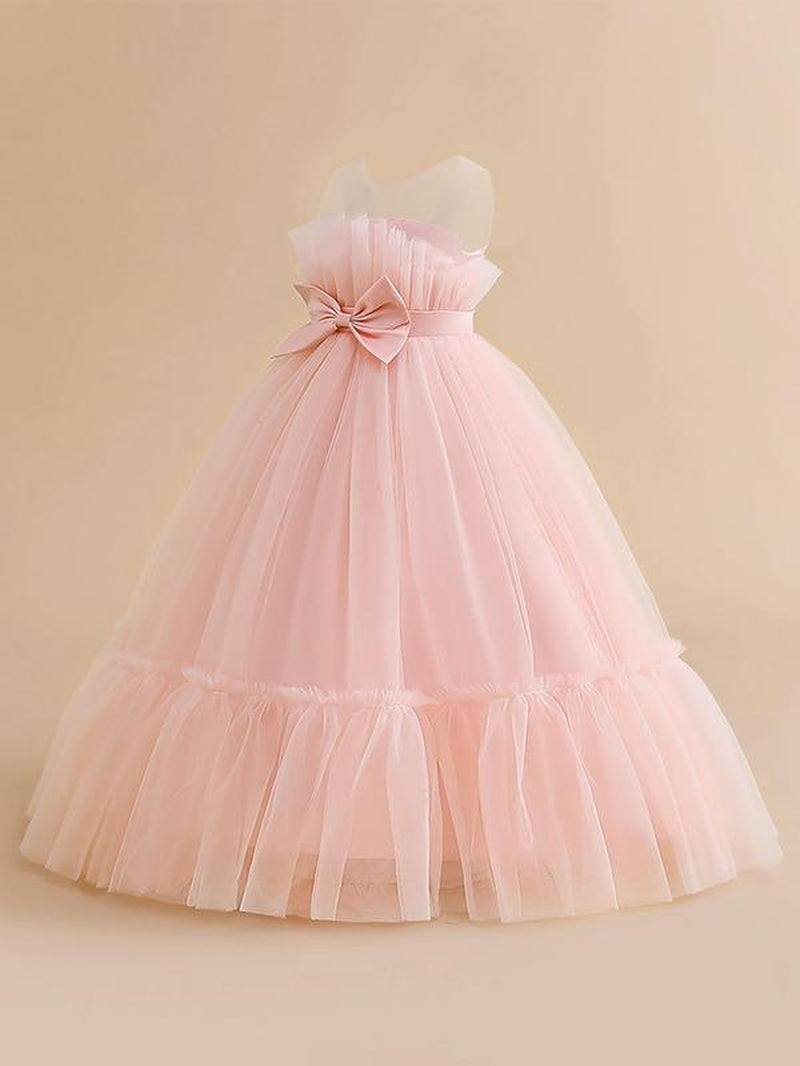 Girl'S Bow Front Sheer Ruffle Hem Fit and Flare Dress, Elegant Sleeveless round Neck Maxi Dress for Party Wedding Guest, Kids Clothes for All Seasons