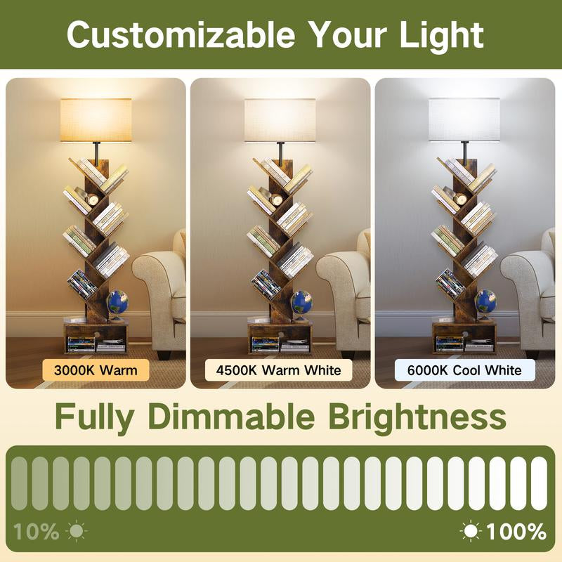 6 Tier Tree Bookshelf with Light & Remote,Narrow Bookcase Tower for Books/Cds/Movies, with Storage Cabinet for Living Room, Bedroom &Office Modern Design